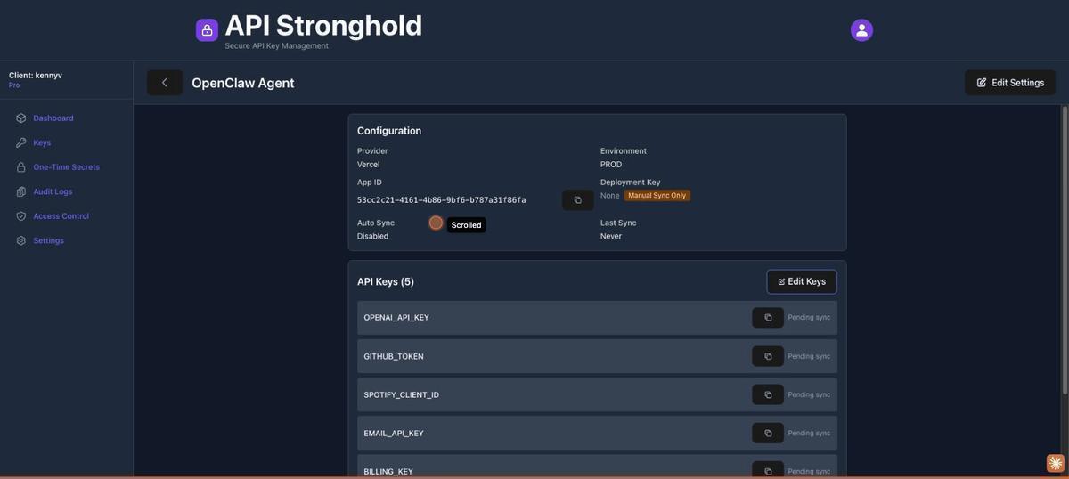 The Deployment detail page showing the "OpenClaw Agent" deployment with a table of key-to-environment-variable mappings. Each row shows the key name, the mapped environment variable, and an action menu.