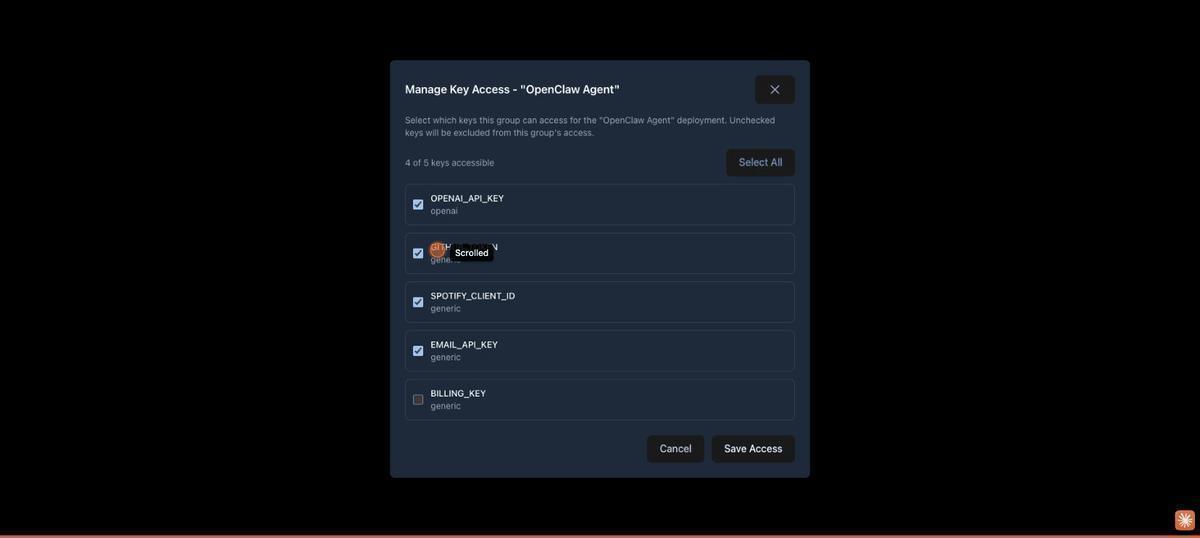 The "Manage Key Access" modal showing checkboxes for each mapped key. EMAIL_API_KEY and BILLING_KEY are unchecked, while OPENAI_API_KEY, GITHUB_TOKEN, and SPOTIFY_CLIENT_ID are checked. A "3/5 keys" badge is visible.